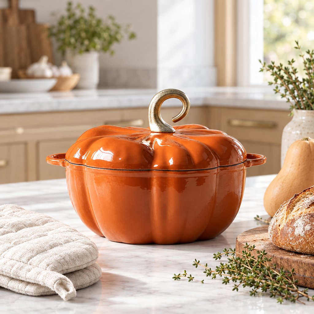 Orange enamel pumpkin-shaped Dutch oven with gold stem knob on a marble kitchen counter beside a bread loaf and a butternut squash