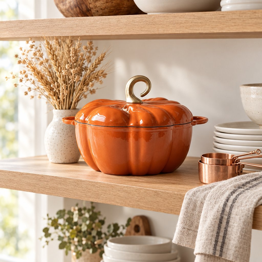Orange pumpkin-shaped Dutch oven with lid on, on an oak shelf beside a vase of dried wheat and copper-colored measuring cups
