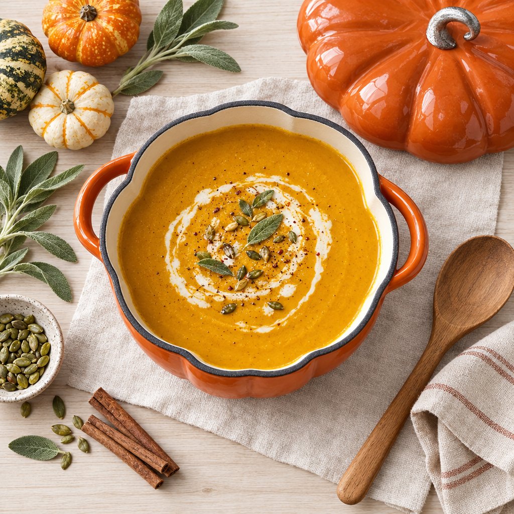 Overhead view of an orange pumpkin Dutch oven filled with pumpkin soup, garnished with sage and seeds, among mini gourds on a table