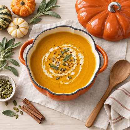 Overhead view of an orange pumpkin Dutch oven filled with pumpkin soup, garnished with sage and seeds, among mini gourds on a table