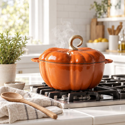 Orange pumpkin-shaped Dutch oven with lid on, on a gas stovetop grate beside a potted rosemary plant and a striped linen towel