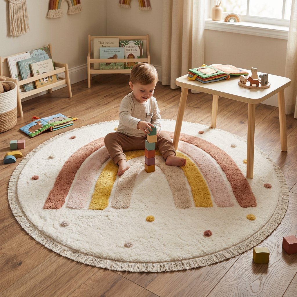 Toddler sitting on the Rainbow Education Plush Nursery Play Mat stacking wooden blocks in a playroom