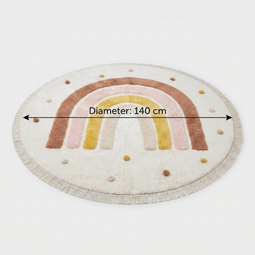 Rainbow Education Plush Nursery Play Mat shown with its 140 cm diameter labeled