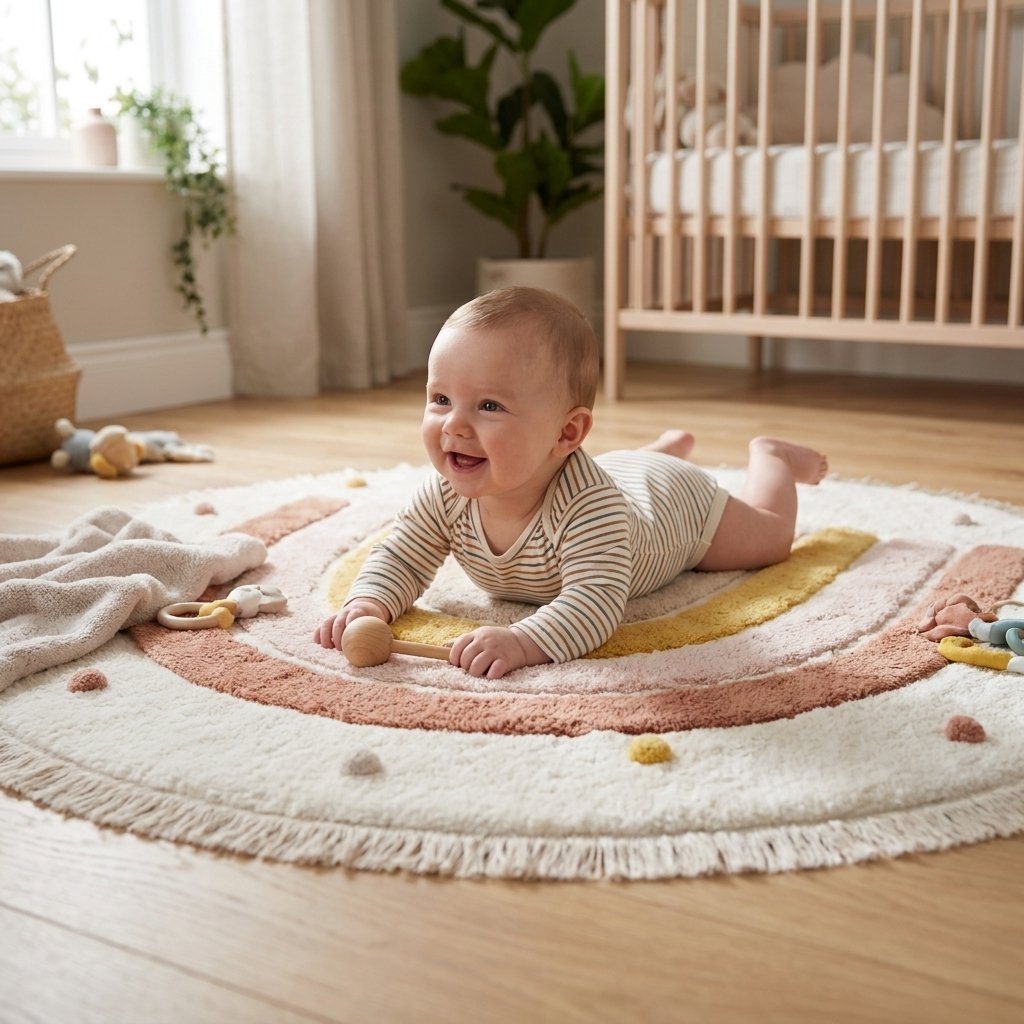 Baby doing tummy time on the Rainbow Education Plush Nursery Play Mat while holding a wooden rattle