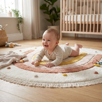 Baby doing tummy time on the Rainbow Education Plush Nursery Play Mat while holding a wooden rattle
