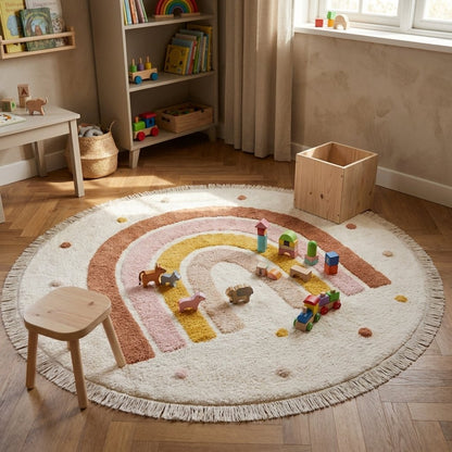 Rainbow Education Plush Nursery Play Mat in a playroom corner with a bookshelf, toy storage box, and a small wood stool