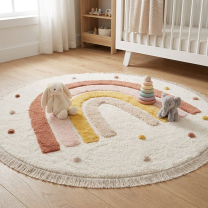 Rainbow Education Plush Nursery Play Mat in a nursery with plush bunny and elephant toys and a stacking ring toy next to a crib