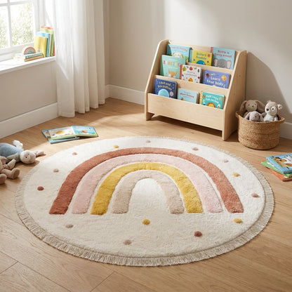 Rainbow Education Plush Nursery Play Mat in a playroom with a bookshelf, a basket of plush toys, and scattered books