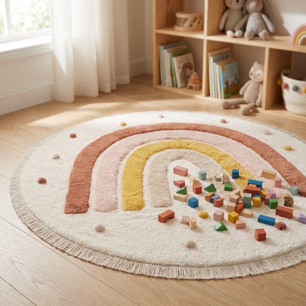 Rainbow Education Plush Nursery Play Mat with tiny wooden blocks scattered on it, in front of a bookshelf with books and plush toys