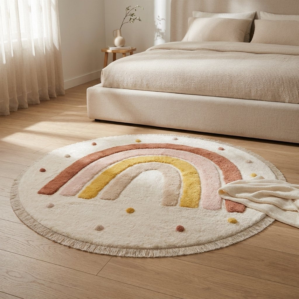 Rainbow Education Plush Nursery Play Mat at the foot of a bed in a bedroom