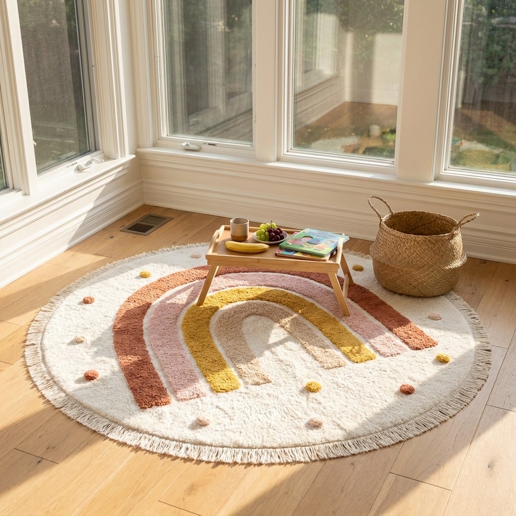 Rainbow Education Plush Nursery Play Mat in a sunroom with a small wood tray table holding fruit and a book, and a woven basket