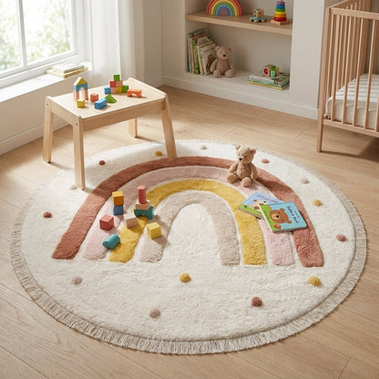 Rainbow Education Plush Nursery Play Mat in a nursery with a play table, teddy bear, board books, and a crib