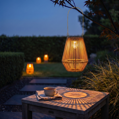 Rattan solar lantern glowing on outdoor dining table at dusk
