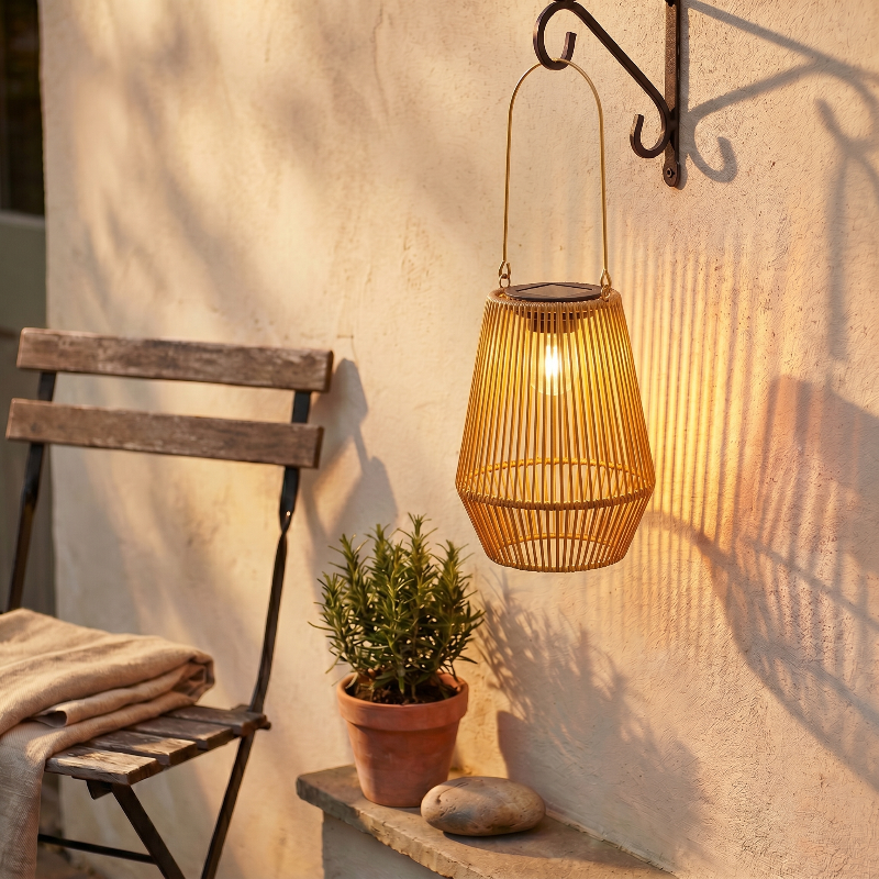 Rattan solar lantern hanging beside chair in warm outdoor setting