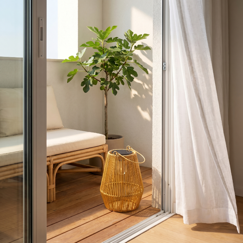 Rattan solar lantern on floor by window with curtain and plant