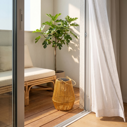 Rattan solar lantern on floor by window with curtain and plant