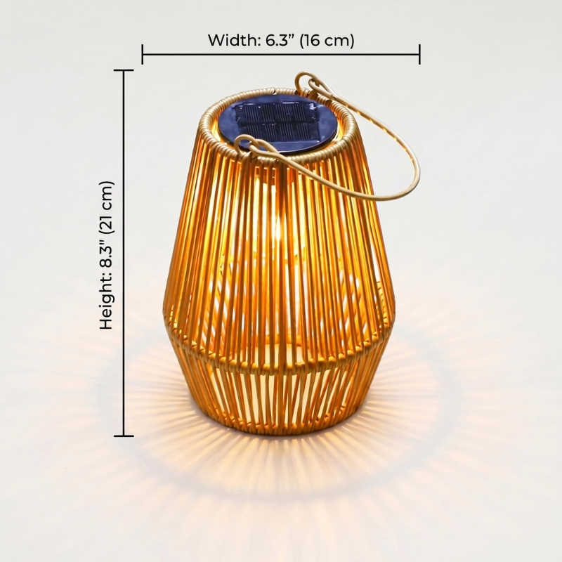 Rattan solar lantern dimensions graphic on white background