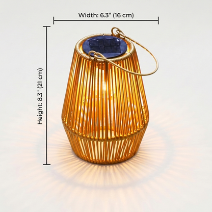 Rattan solar lantern dimensions graphic on white background