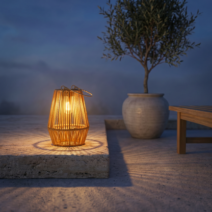 Rattan solar lantern glowing on patio beside bench at dusk