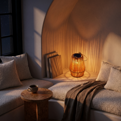 Rattan solar lantern glowing on side table in cozy bedroom
