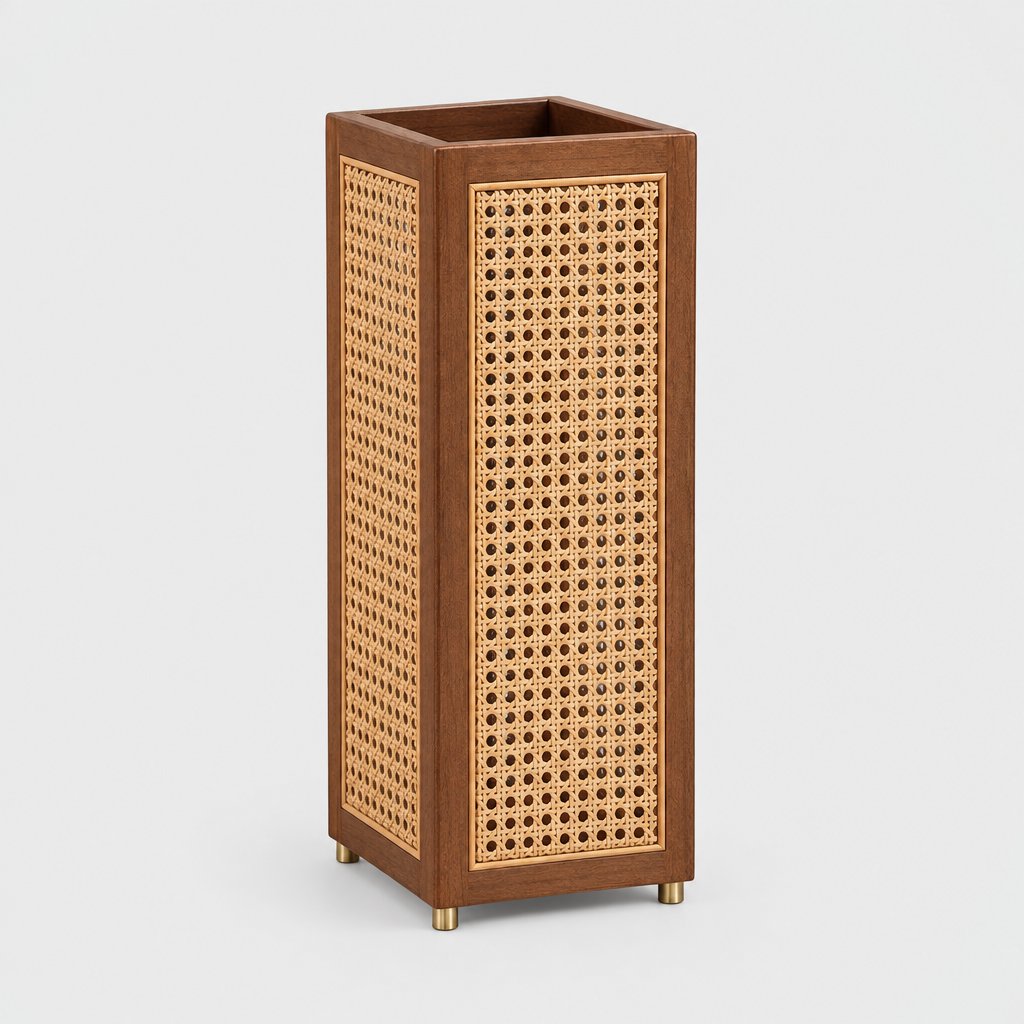Tall square rattan cane umbrella stand with a dark wood frame and small brass feet on a light grey background