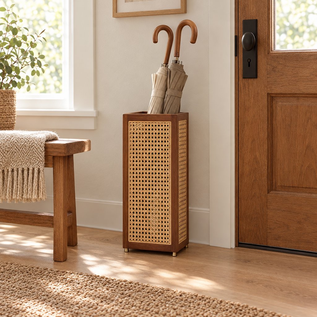 Rattan cane umbrella stand with a dark wood frame holding two wooden handled umbrellas beside a wooden bench with a knit throw and a brown front door