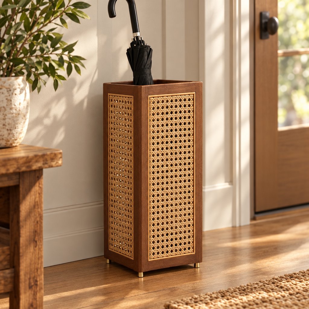Rattan cane umbrella stand with a dark wood frame and brass feet holding a black umbrella in a sunlit entryway beside a wooden console table and a plant