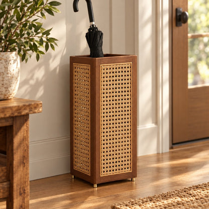 Rattan cane umbrella stand with a dark wood frame and brass feet holding a black umbrella in a sunlit entryway beside a wooden console table and a plant