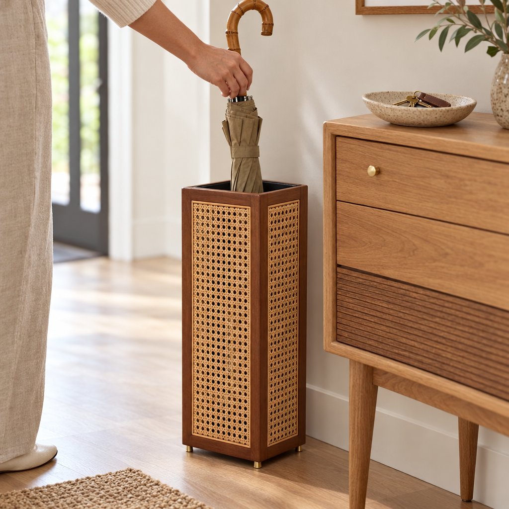 Person placing a folded tan umbrella into a rattan cane umbrella stand with a dark wood frame in a hallway beside a light oak console with a drawer