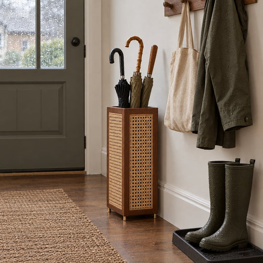 Tall square rattan cane umbrella stand with a dark wood frame holding three folded umbrellas in a hallway beside a grey green door, a hanging coat and tote bag, and rain boots on a tray