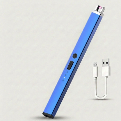 Blue rechargeable USB arc lighter on white background with charging cable