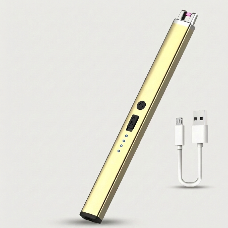 Gold rechargeable USB arc lighter on white background with charging cable