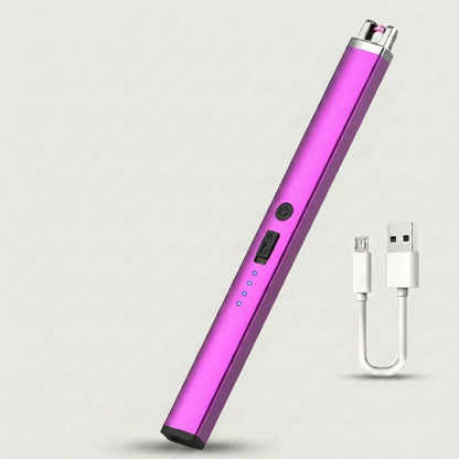 Purple rechargeable USB arc lighter on white background with charging cable