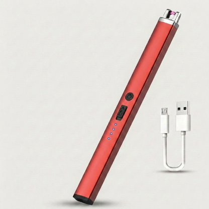 Red rechargeable USB arc lighter on white background with charging cable