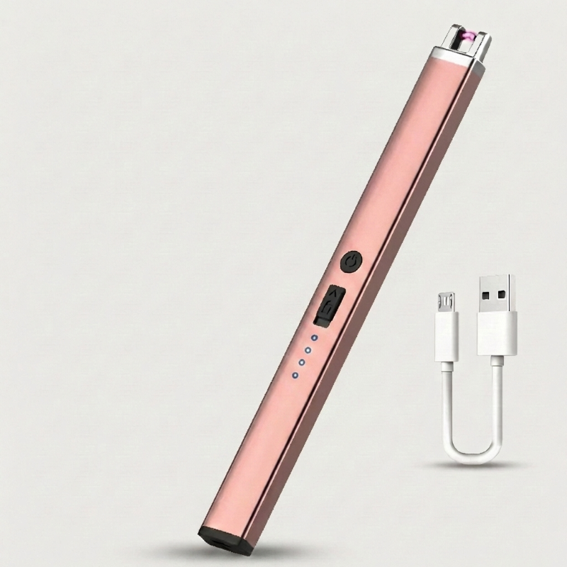 Rose gold rechargeable USB arc lighter on white background with charging cable