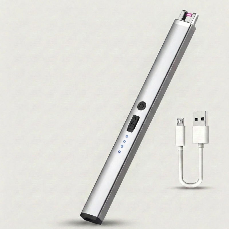 Silver rechargeable USB arc lighter on white background with charging cable