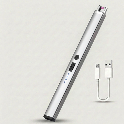 Silver rechargeable USB arc lighter on white background with charging cable