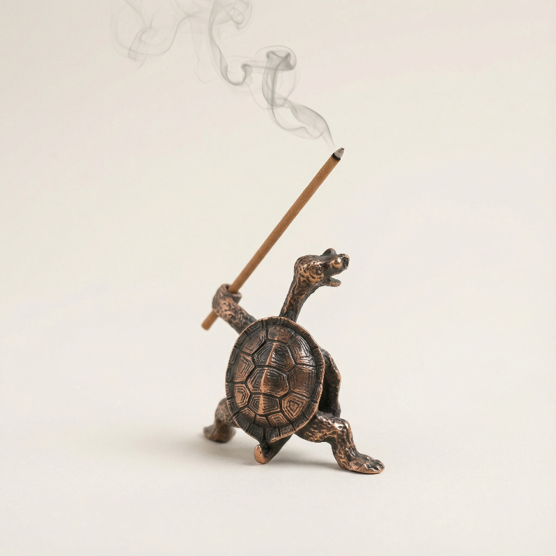 Bronze turtle incense holder with a smoking incense stick on a white background