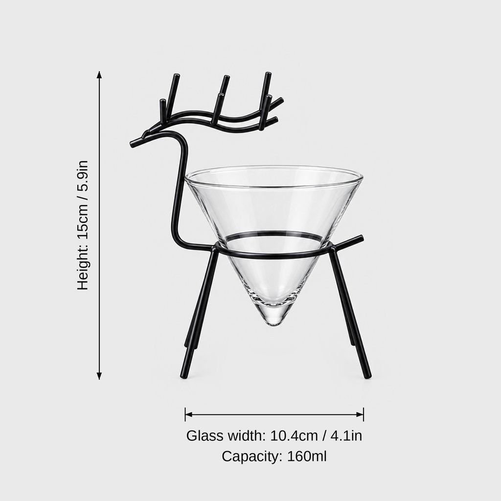 Black reindeer stand with a clear cone glass on a light grey background with dimensions labeled Height 15 cm or 5.9 in, Glass width 10.4 cm or 4.1 in and Capacity 160 ml