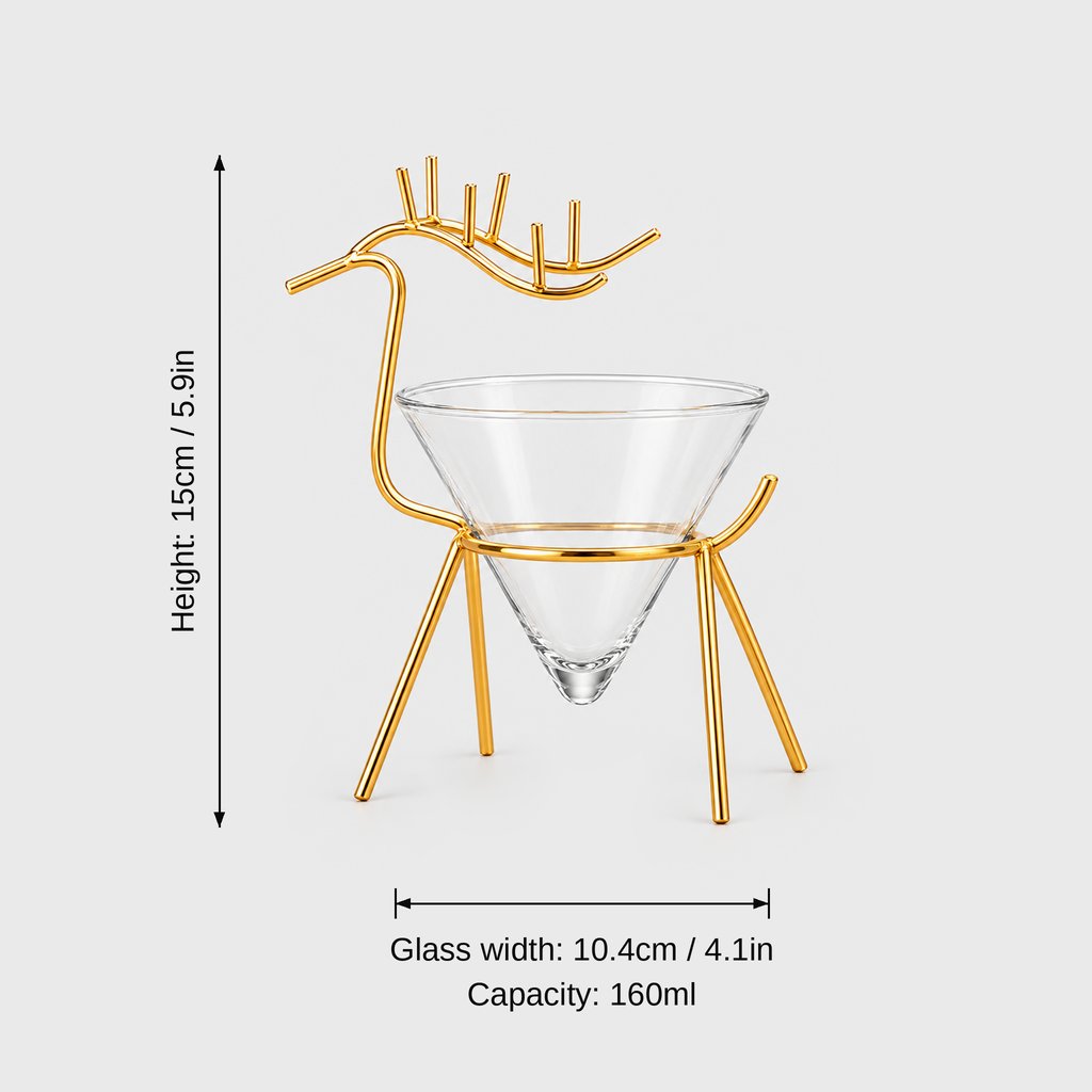 Gold reindeer stand with a clear cone glass on a light grey background with dimensions labeled Height 15 cm or 5.9 in, Glass width 10.4 cm or 4.1 in and Capacity 160 ml