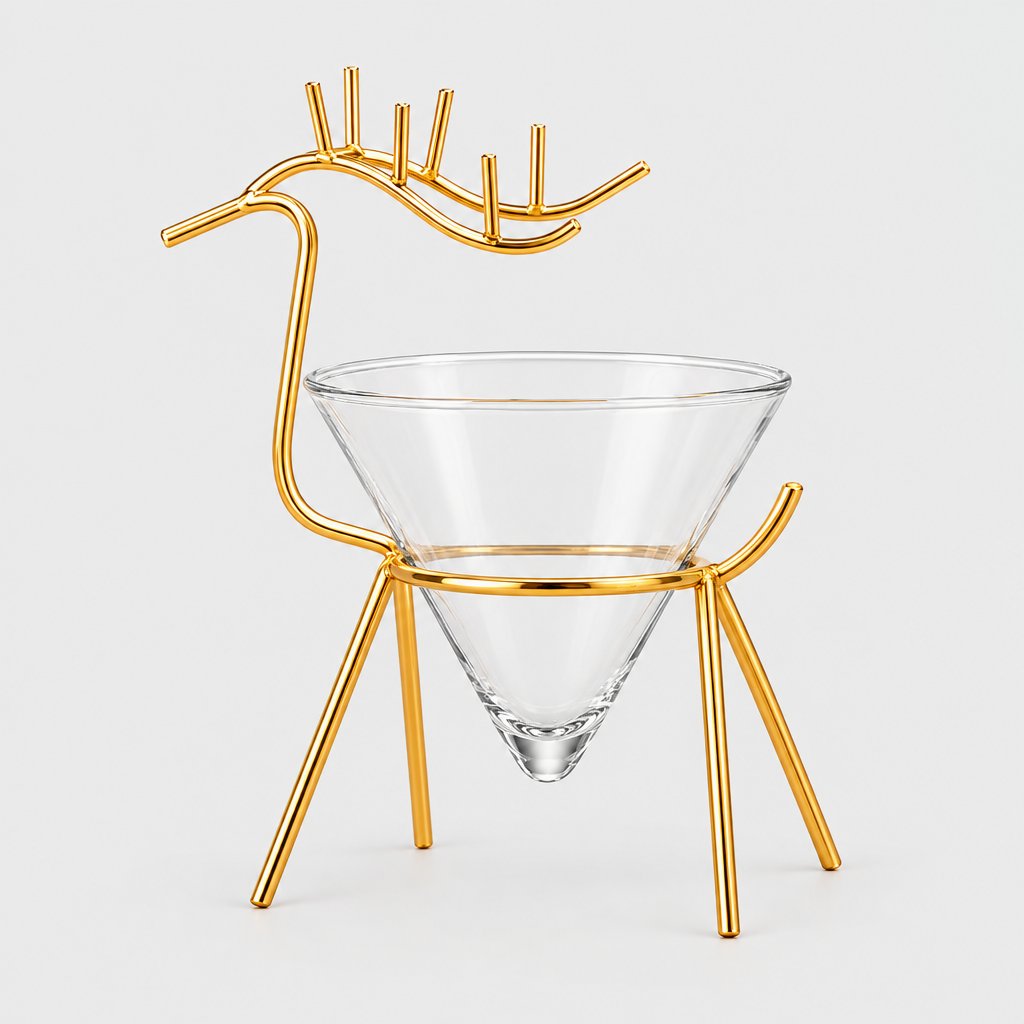 Gold metal reindeer stand with antlers holding an empty clear cone cocktail glass on a light grey background
