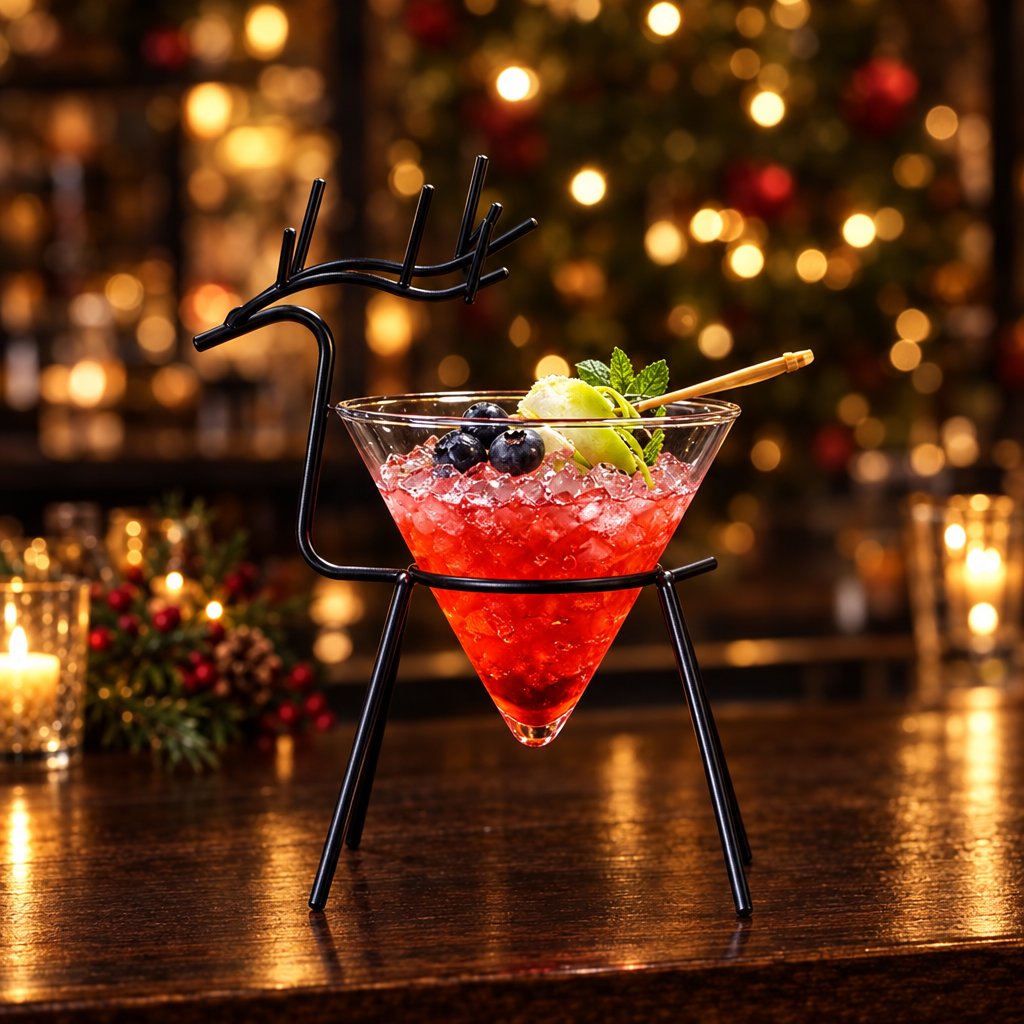 Black reindeer stand cone cocktail glass with a red crushed ice drink, blueberries, a lime wedge and mint on a dark bar counter in front of a lit Christmas tree