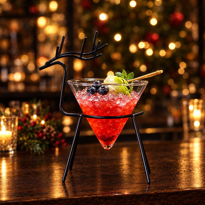 Black reindeer stand cone cocktail glass with a red crushed ice drink, blueberries, a lime wedge and mint on a dark bar counter in front of a lit Christmas tree