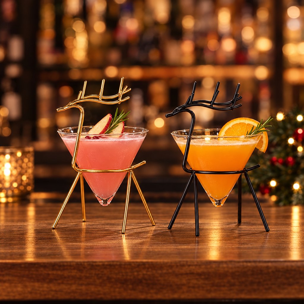 Gold and black reindeer stand cocktail glasses on a wooden bar counter, one holding a pink drink with apple slices and rosemary and one holding an orange drink with an orange slice, with bottles and Christmas lights behind