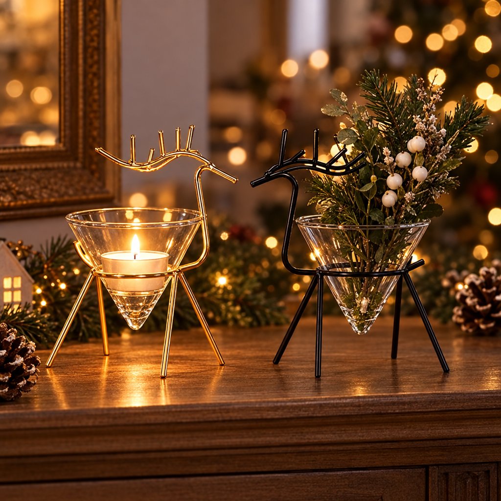 Gold reindeer stand cone glass holding a lit tealight candle and black reindeer stand cone glass used as a mini vase with greenery and white berries on a wooden mantel with Christmas garland and pinecones