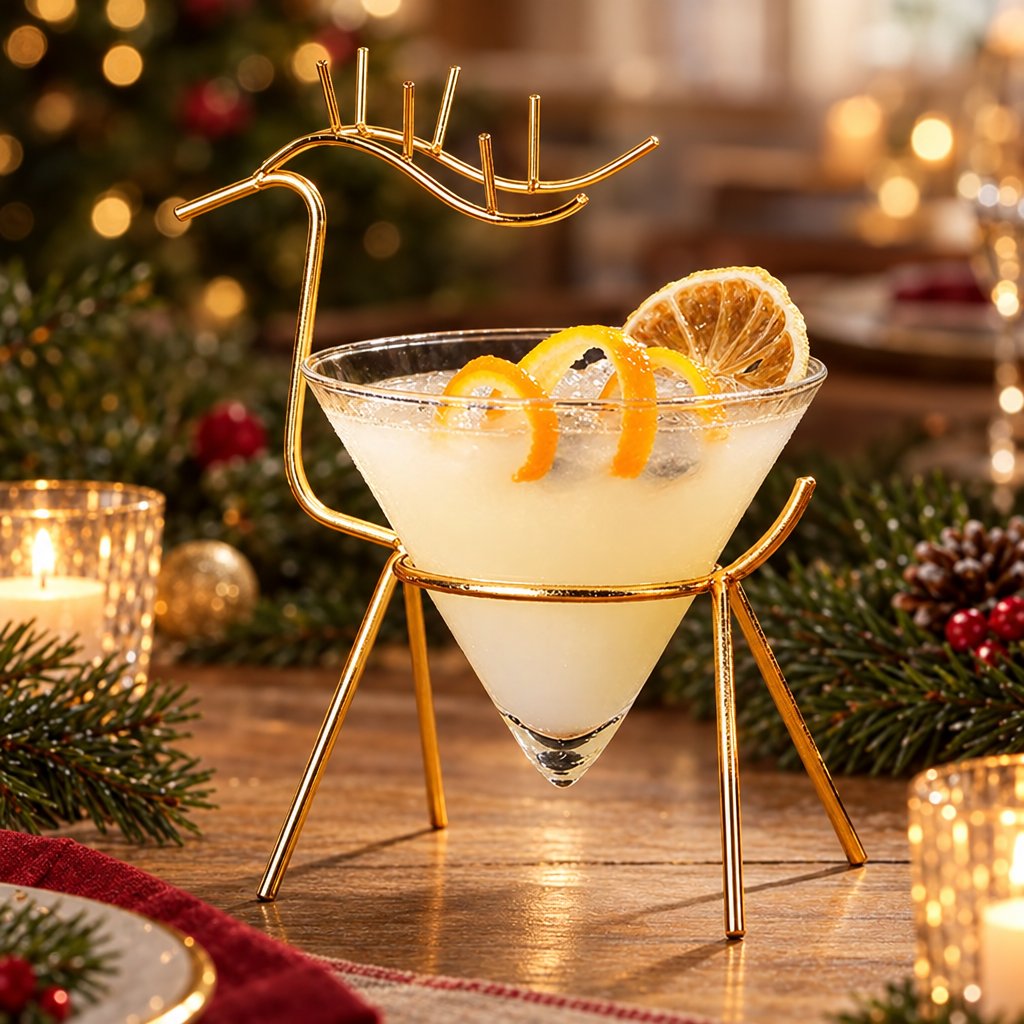Gold reindeer stand cone glass with a pale citrus drink, orange peel twists and a dried orange slice on a Christmas table with pine branches and candles