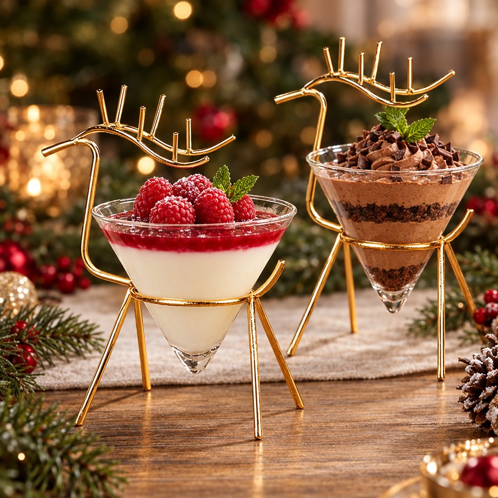 Two gold reindeer stand cone glasses holding a white dessert with a red raspberry layer and fresh raspberries and a chocolate mousse dessert with mint, on a table with pine branches and Christmas lights