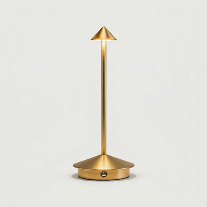 Gold Remi indoor outdoor table lamp on white background