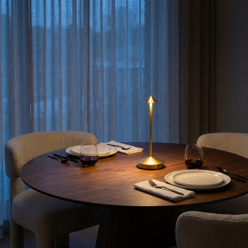 Remi indoor outdoor table lamp on dining table by window