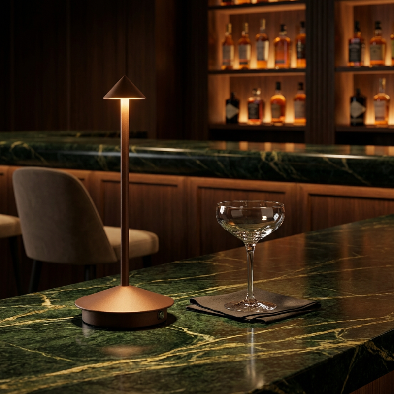 Remi indoor outdoor table lamp on bar table in warm evening setting